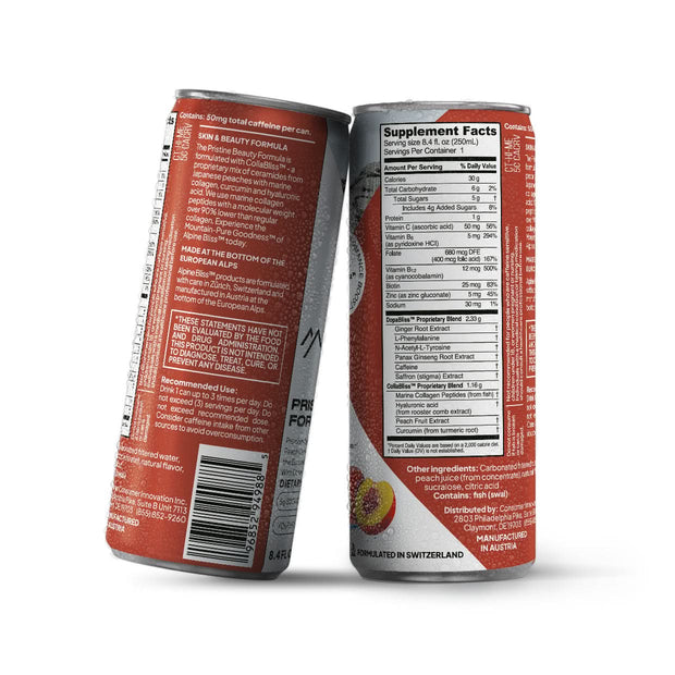 Back of cans. Shop Alpine Bliss Pristine Beauty Energy Drink formulated with vitamin C and biotin for better looking skin. Great for energy.
