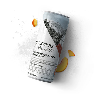 Alpine Bliss Pristine Beauty Collagen Drink can. Premium energy drink with clinically proven ingredients for healthy skin. 